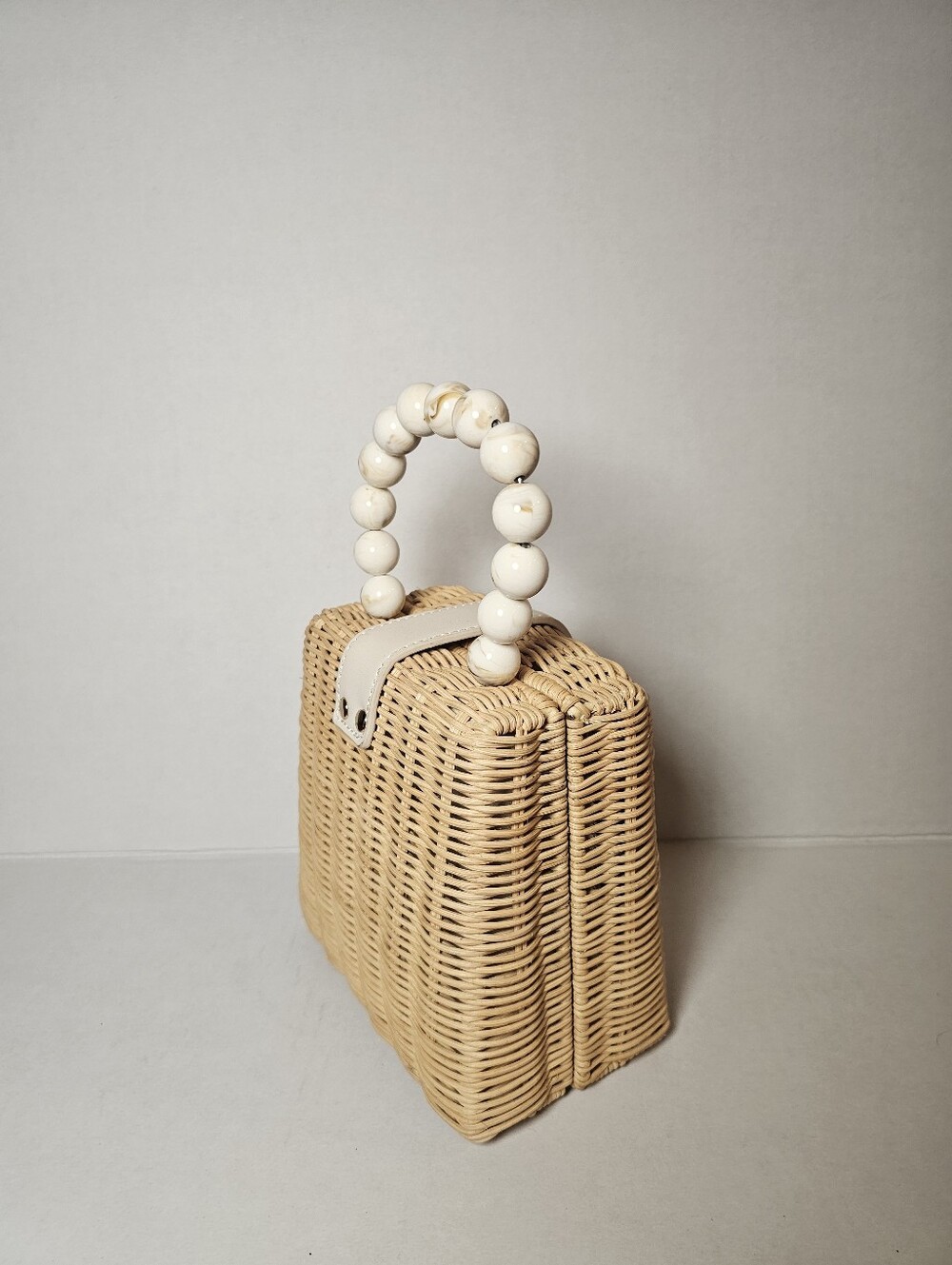 Antik Kraft Woven Rattan Top-Handle Bag with Beaded Handle - Cream - Picture 3 of 8
